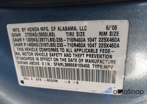 2006 Honda Odyssey Touring z USA, uszkodzony, nr VIN 5FNRL38866B109406